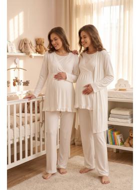RİMEL Ekru Kruvaze Sade Uzun Kollu Sabahlıklı Lohusa Pijama Takımı  624